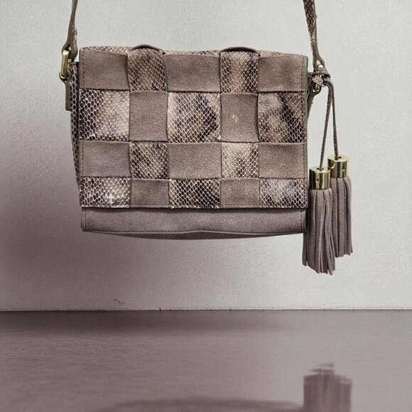 Anthropologie Handbags - Antropologie Morgan Woven Suede Crossbody Bag Snakeskin Accents Tassel Boho